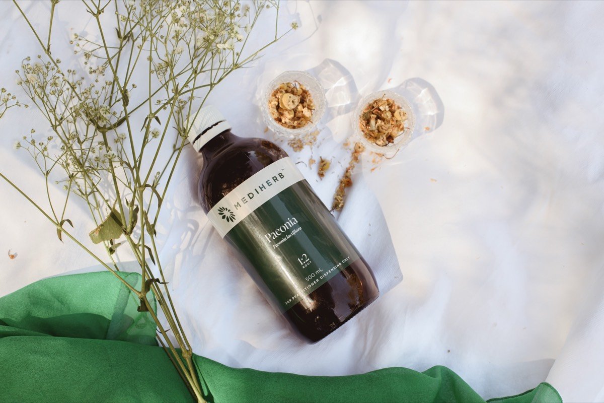 Mediherb herbal liquid bottle with peony flowers